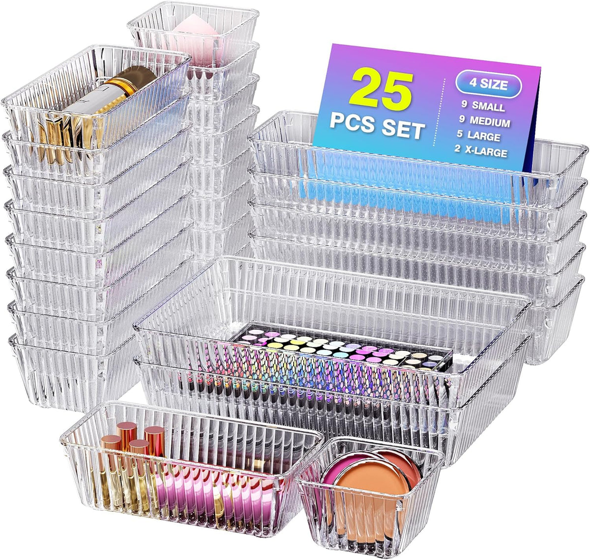 25 PCS Clear Plastic Drawer Organizer Set - 4 Sizes Makeup Organizer Desk Drawer Divider Bathroom