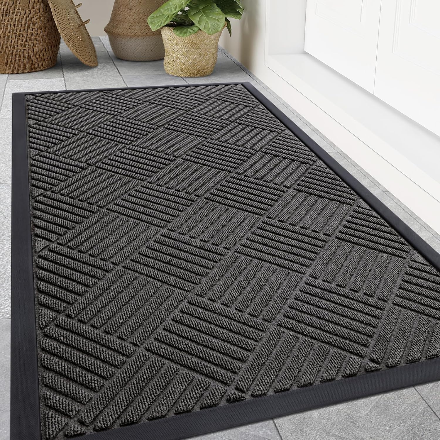 Smiry Front Door Mat Outside Entrance, Heavy Duty Outdoor Indoor Natural Rubber Doormat, Non Slip