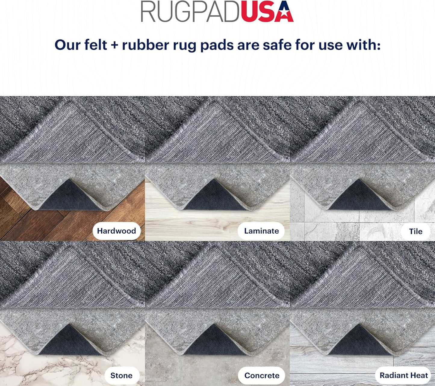 RUGPADUSA - Dual Surface - 6'x8' - 3/8" Thick - Felt + Rubber - Enhanced Non-Slip Rug Pad - Adds