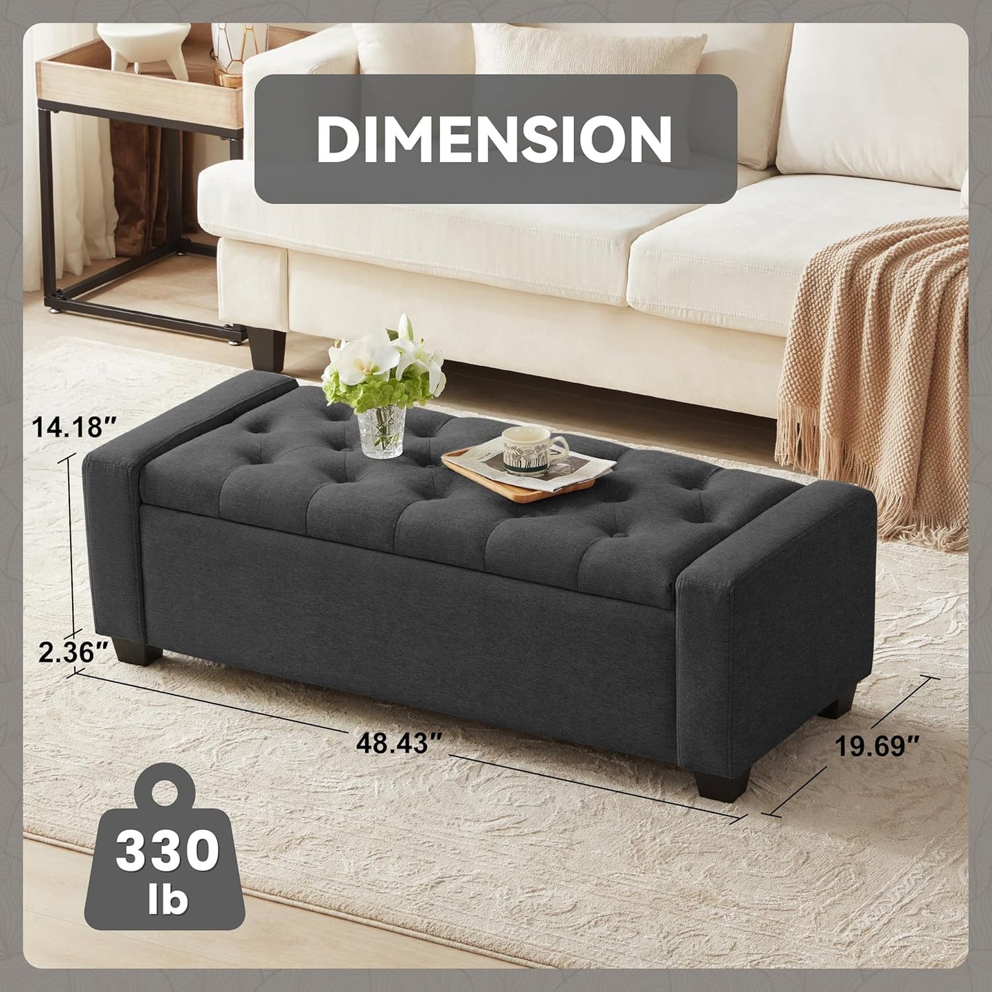 48" Ottoman with Storage, Soft Storage Ottoman Bench for Bedroom, Tufted Upholstered Window