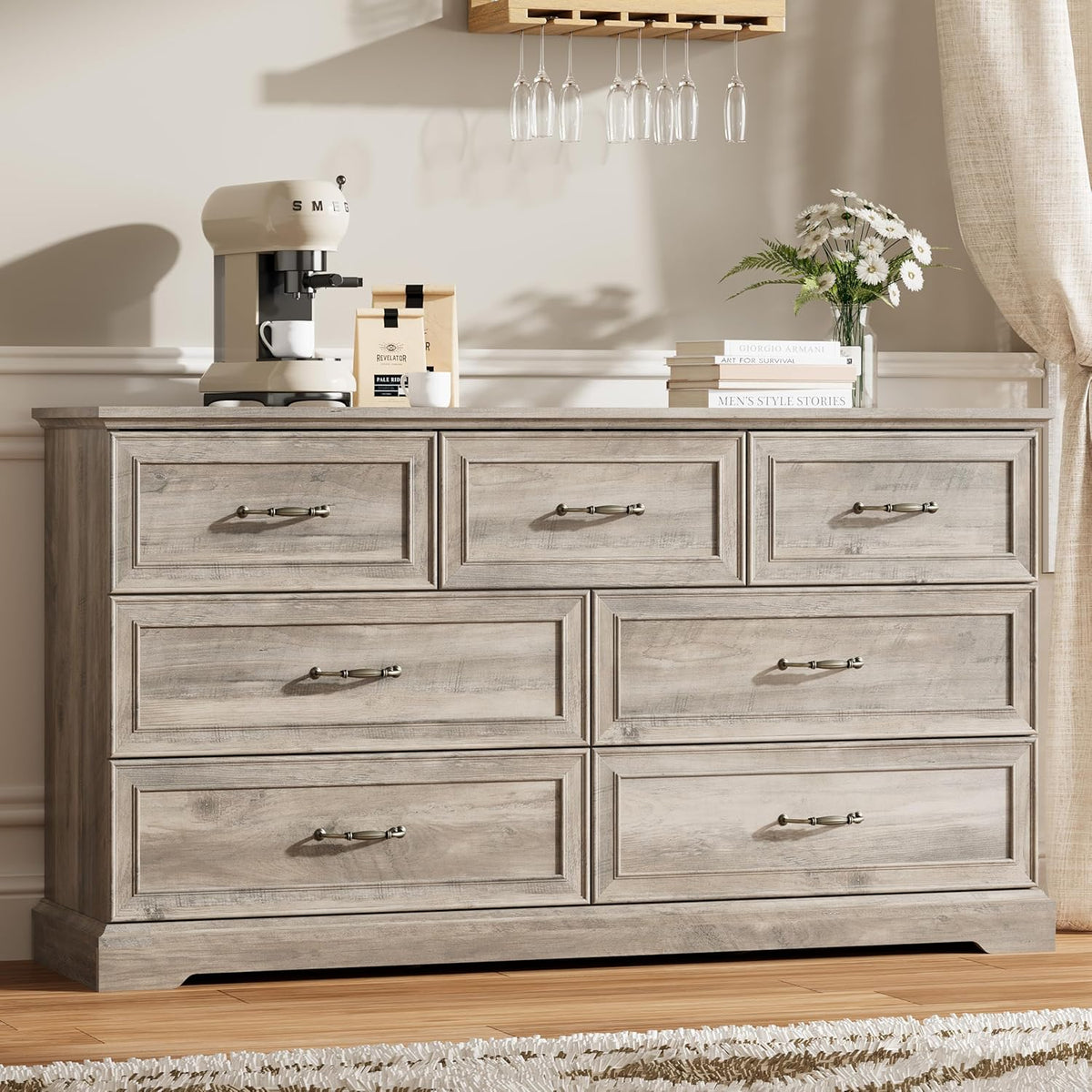 7 Drawer Dresser for Bedroom, 57" Wide Wooden Chest of Drawers, Rustic Farmhouse Dresser with Large