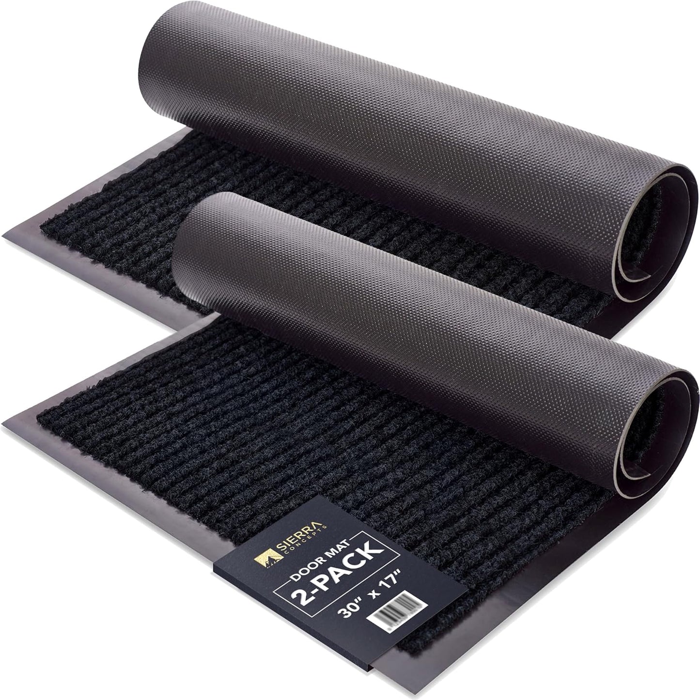 Sierra Concepts 2-Pack Front Door Mat Ribbed Black - Indoor Outdoor Floor Doormat Entryway Welcome