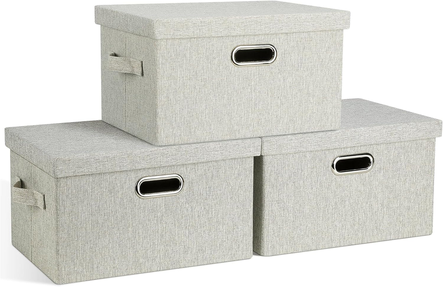 Medium 15" 21 Quart Collapsible Stackable Storage Bins with Lids, 3 Packs Beige Foldable Fabric