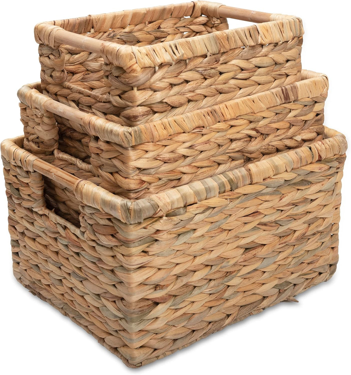 Water Hyacinth Storage Baskets with Wooden Handles, Rectangular Woven Organizer Bins for Closet