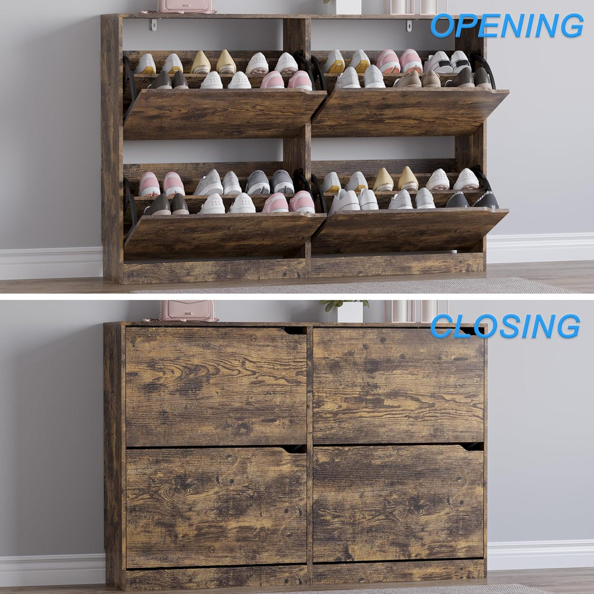 Shoe Cabinet with 4 Flip Drawers, Narrow Hidden Shoe Storage Cabinet, Slim Freestanding Shoe Rack