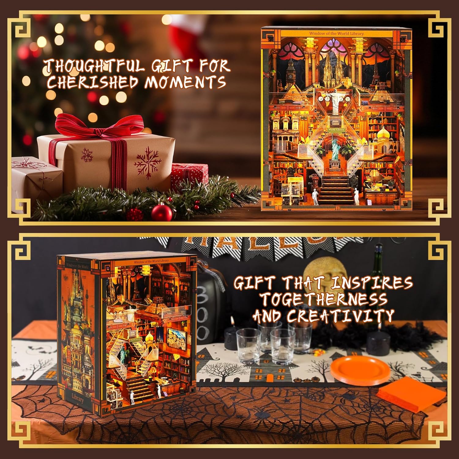 Book Nook Kits for Adults – The World Library Booknook – 3D Wooden Puzzle with LED Lights