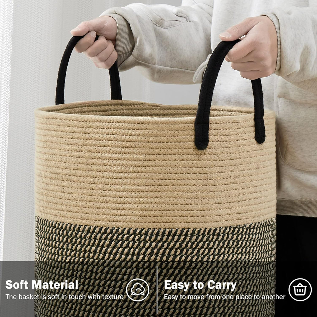YOUDENOVA Woven Rope Laundry Hamper Basket, 58L Tall Laundry Basket for Blanket Organizer- Clothes