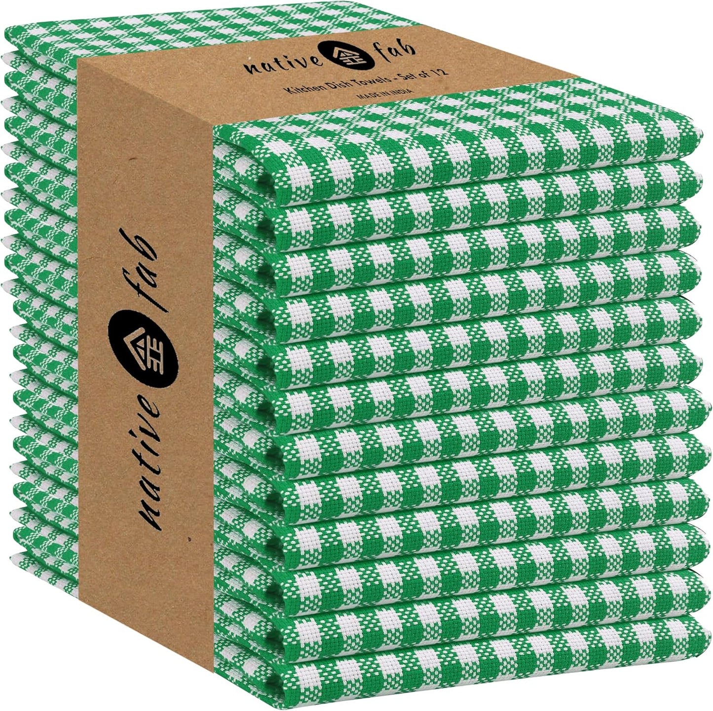 Native Fab Set of 12 Gingham Mini Check Kitchen Towels 16"x26" - Cotton Dish Towels - Soft