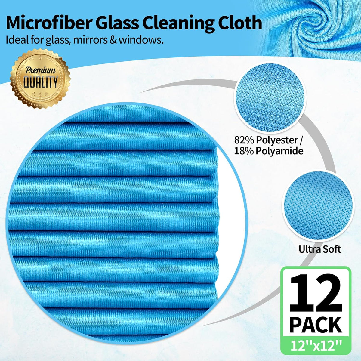 HOMERHYME Microfiber Glass Cleaning Cloth, 12 Pack Window Glass Cleaning Rags, Reusable Lint-Free