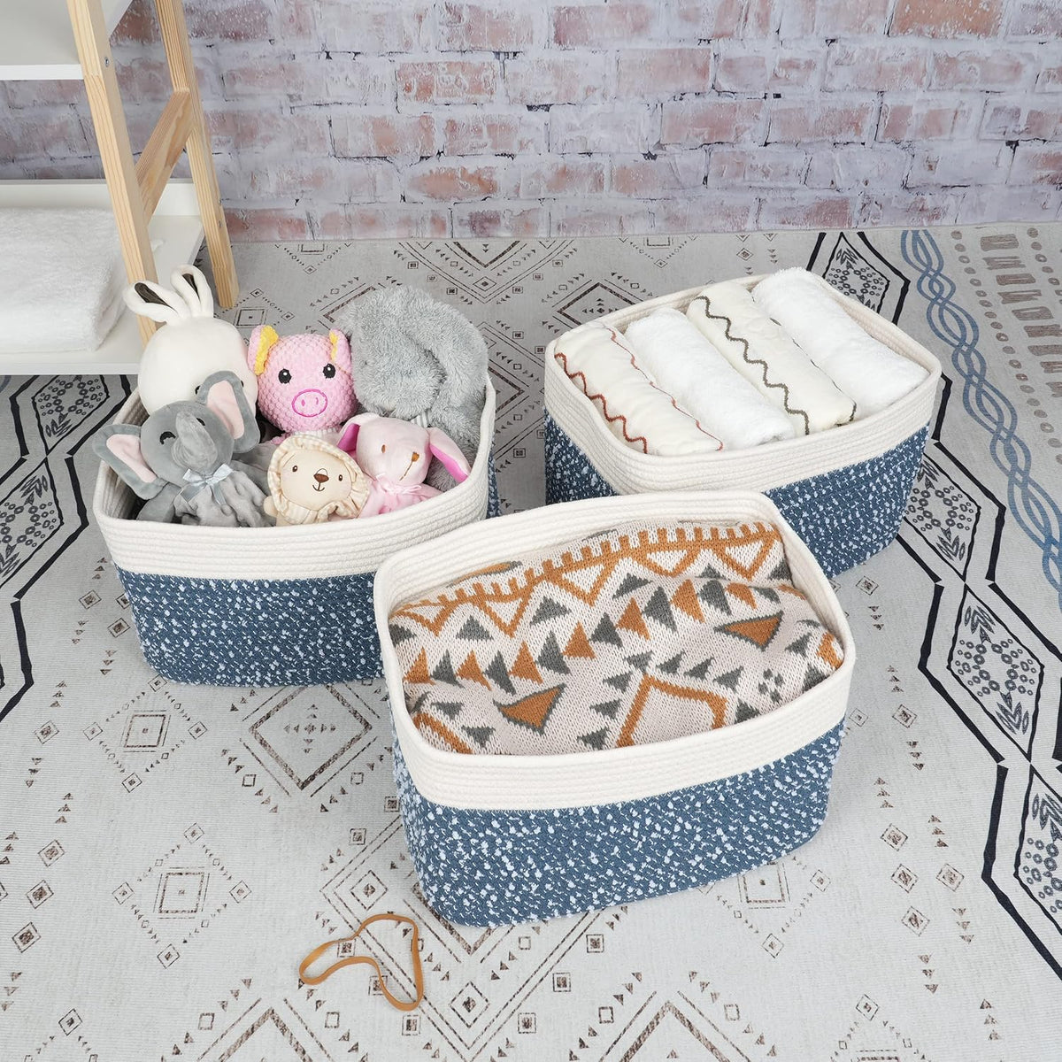 White and Blue Cotton Rope storage Basket Bins Woven Basket for Organizing Shelves 14.5X9.5X9.3“