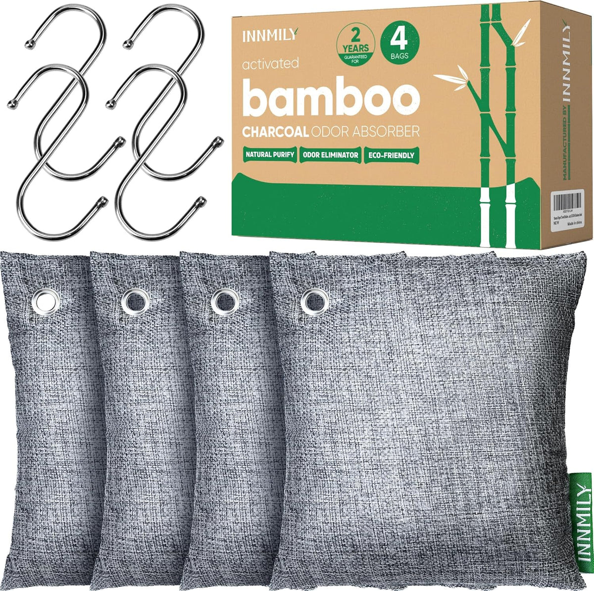 Activated Charcoal Odor Absorber,Large 4x500g w Hooks Nature Odor Eliminator for Strong Odor,Bamboo