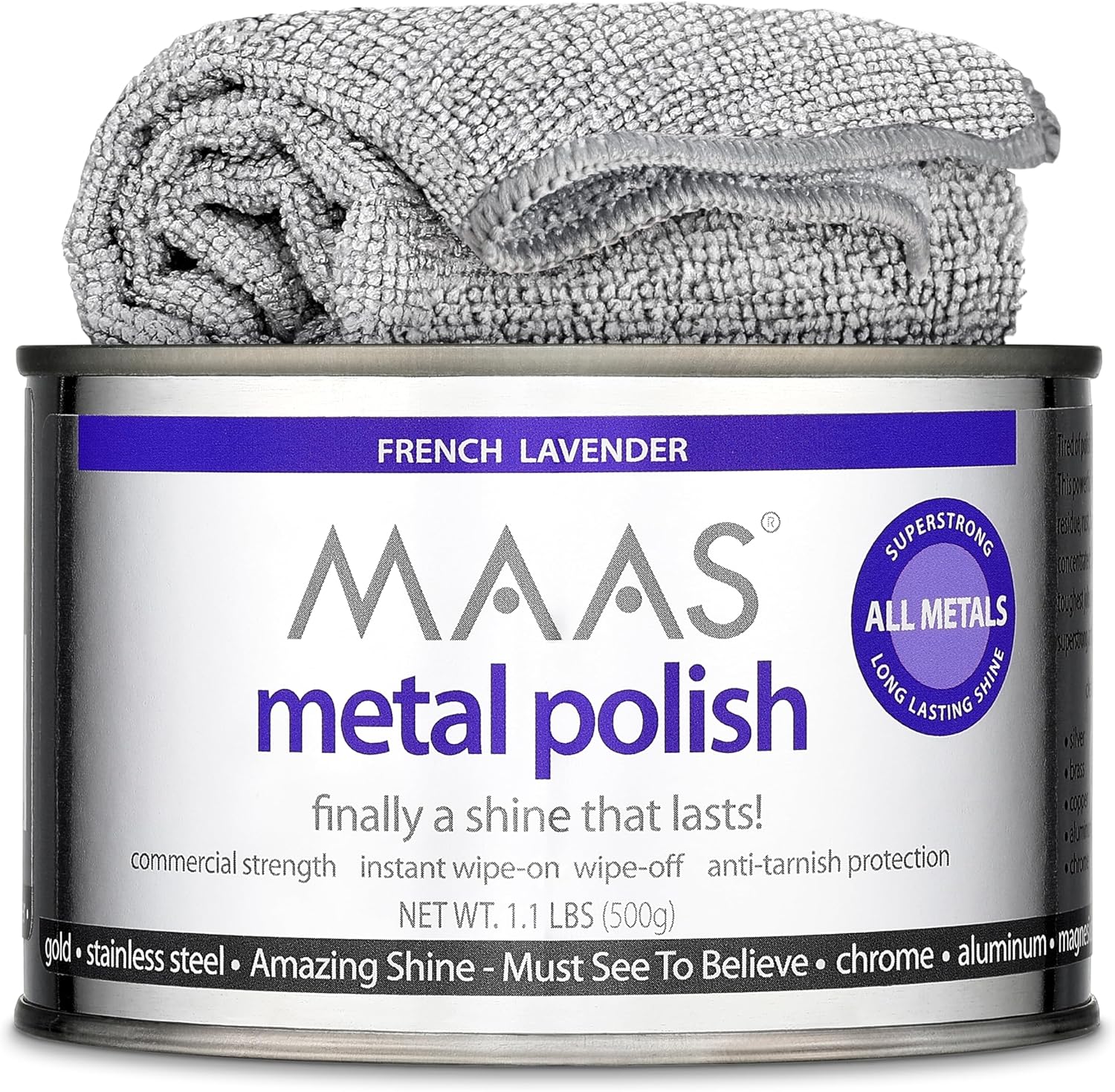 MAAS Metal Polish 1.1lb Can Plus Free Cloth, Universal Metal Cleaner for All Metals, Clean, Polish