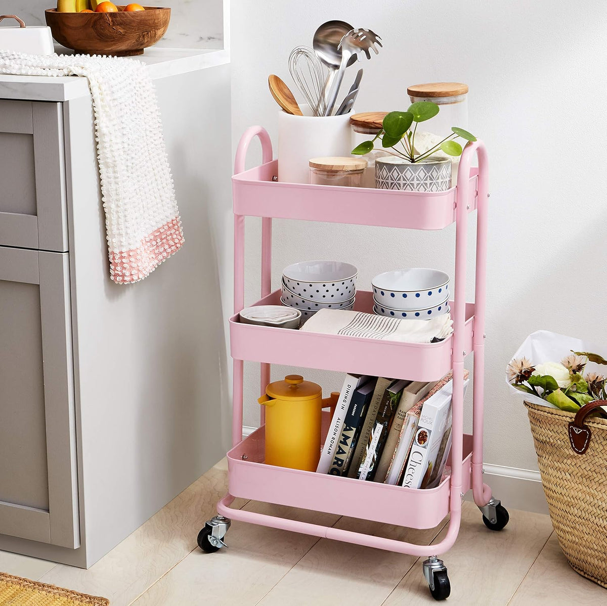Amazon Basics 3-Tier Rolling Utility or Kitchen Cart, Lockable Wheels, Multifunctional Storage