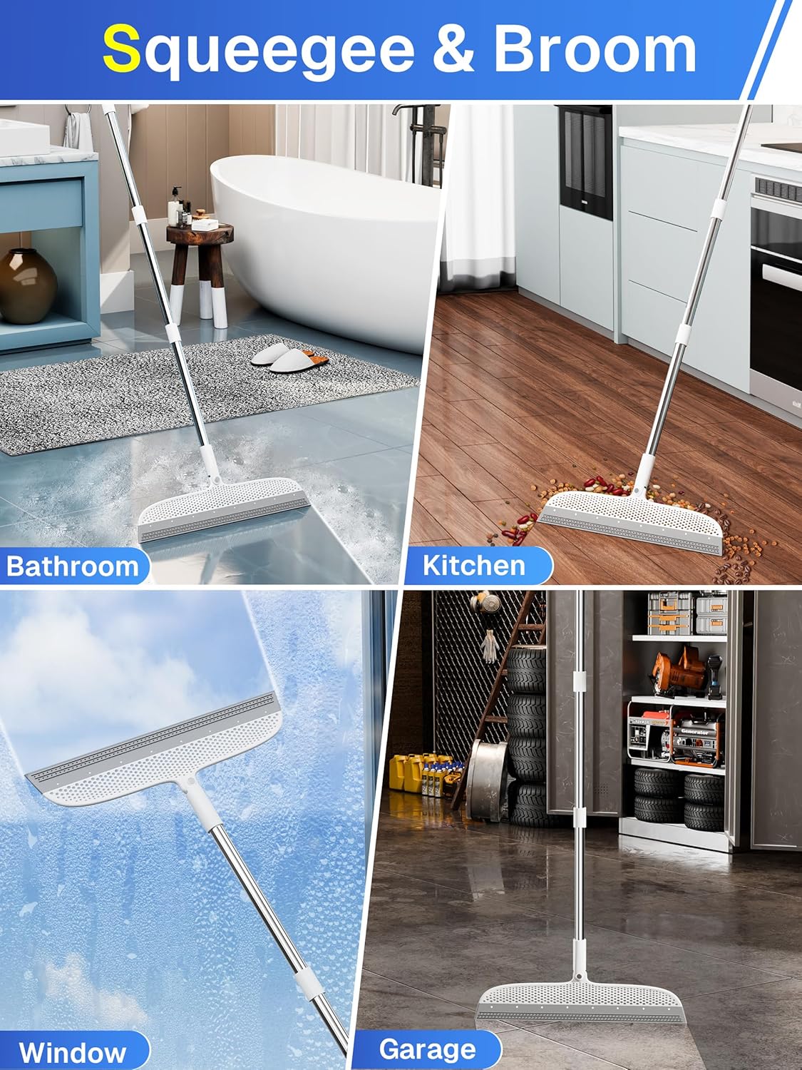 Silicone Floor Squeegee & Broom – Long Handle Hair Remover for Water, Pet Hair – for Bathroom