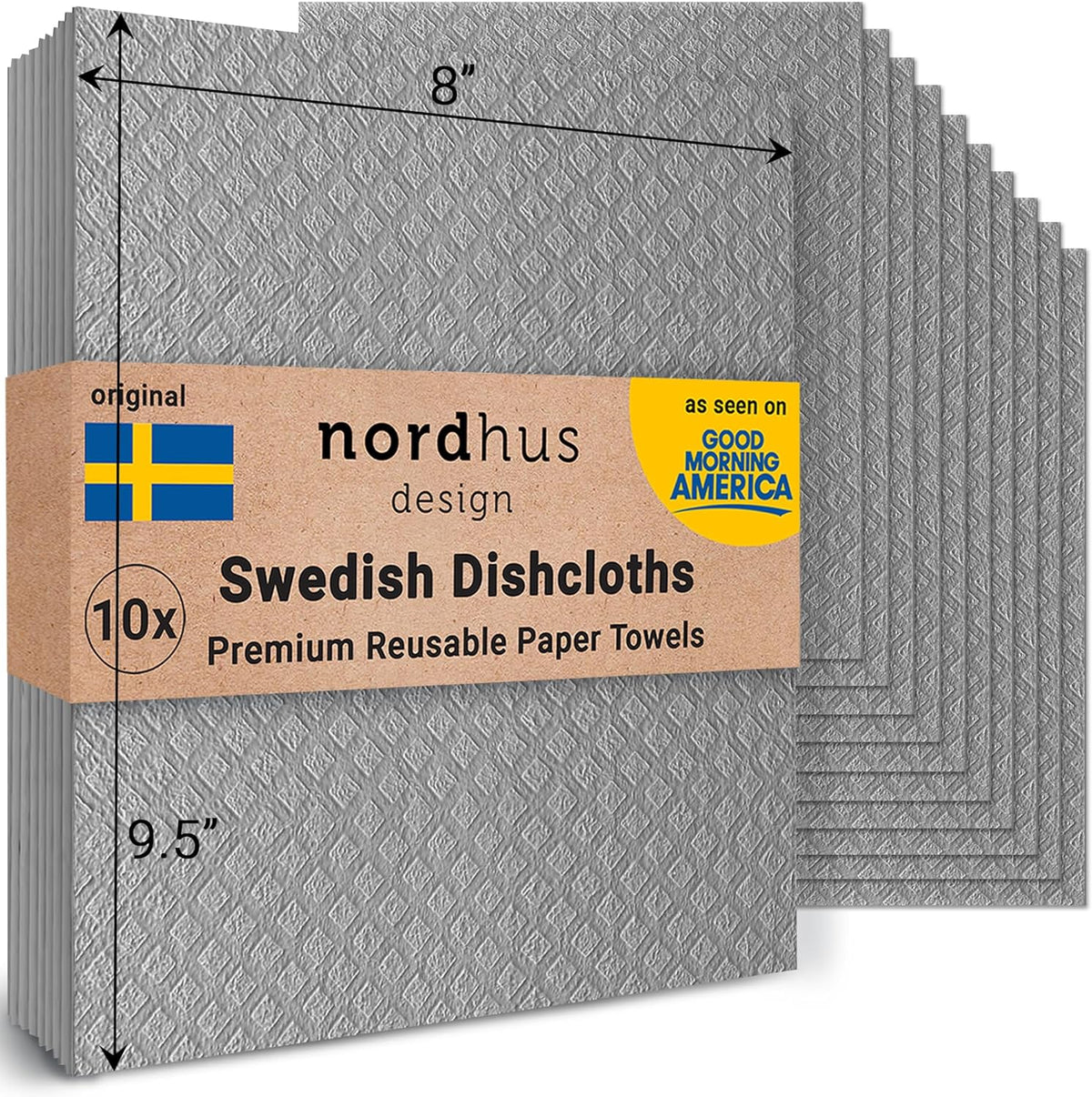 Nordhus Design Large Swedish Dishcloths, 10 Pack Grey- 9.5 X 8 inch Reusable, Washable Cellulose