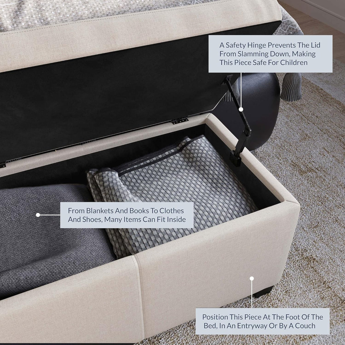 BELLEZE Storage Faux Leather Ottoman, 47 Inch Bench Bedroom Bench with Safety Close Hinge, Extra