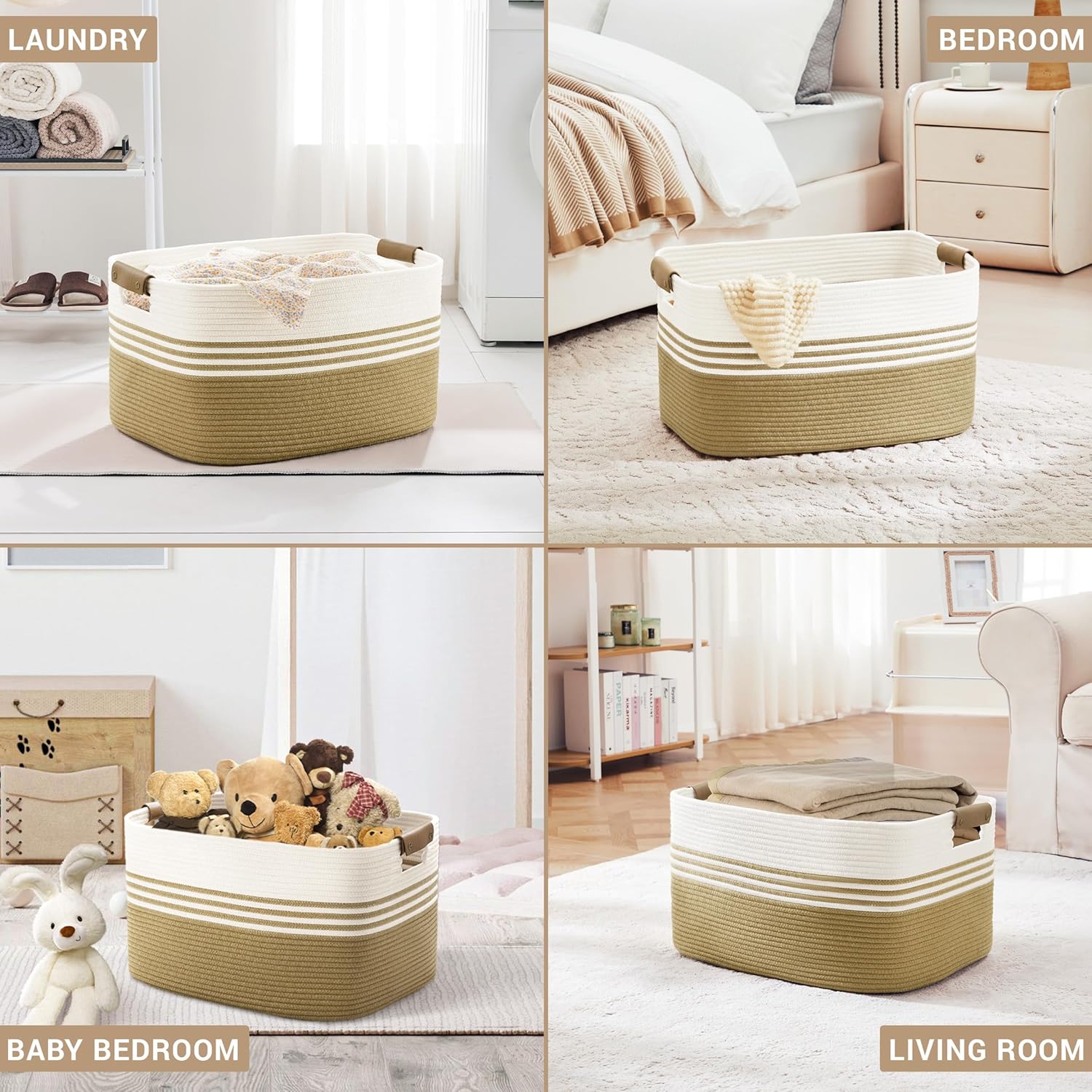 72L Large Laundry Basket with Leather Handles for Living Room Storage, Woven Rope Baskets Bin for