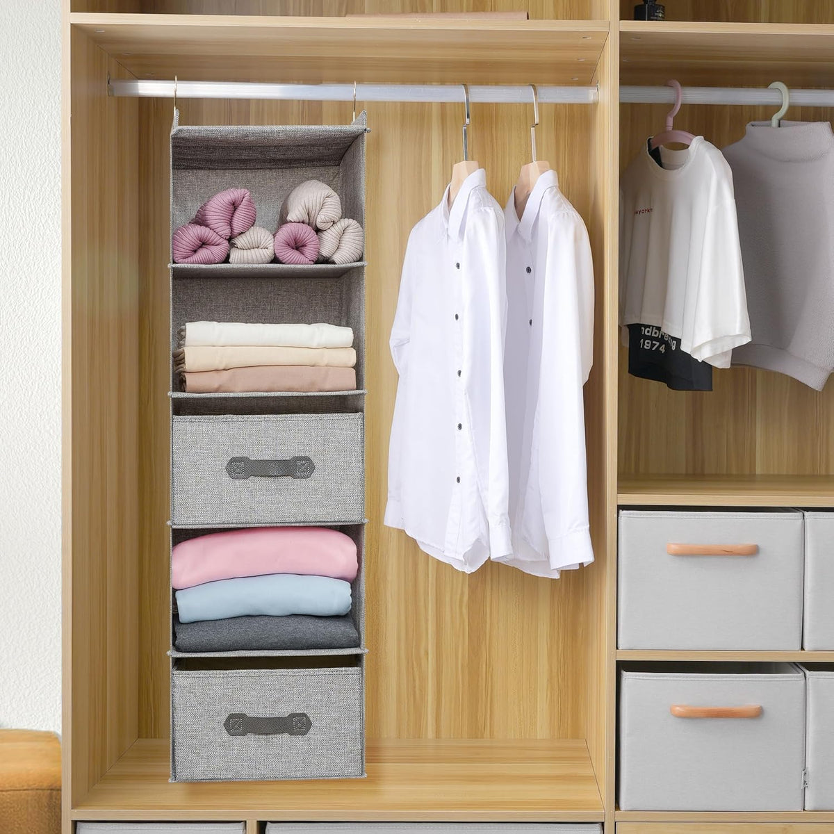 Large Hanging Sweater Organizer for Closet,Collapsible 6-Shelf Hanging Closet Shelves with Drawers
