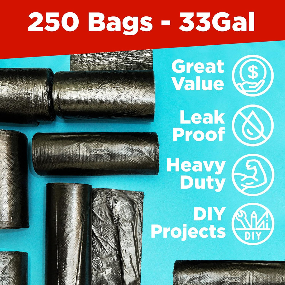 ToughBag 30-33 Gallon Trash Bags Heavy Duty, 32 x 38" Black Garbage Bags (250 COUNT) – 30+, 32