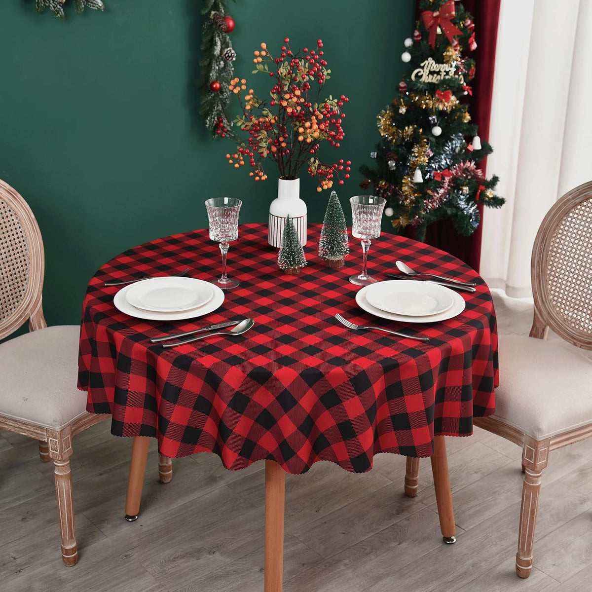 Waterproof Plaid Tablecloth Fabric - Round 58 Inch Classic Gingham Checker Table Cloth for