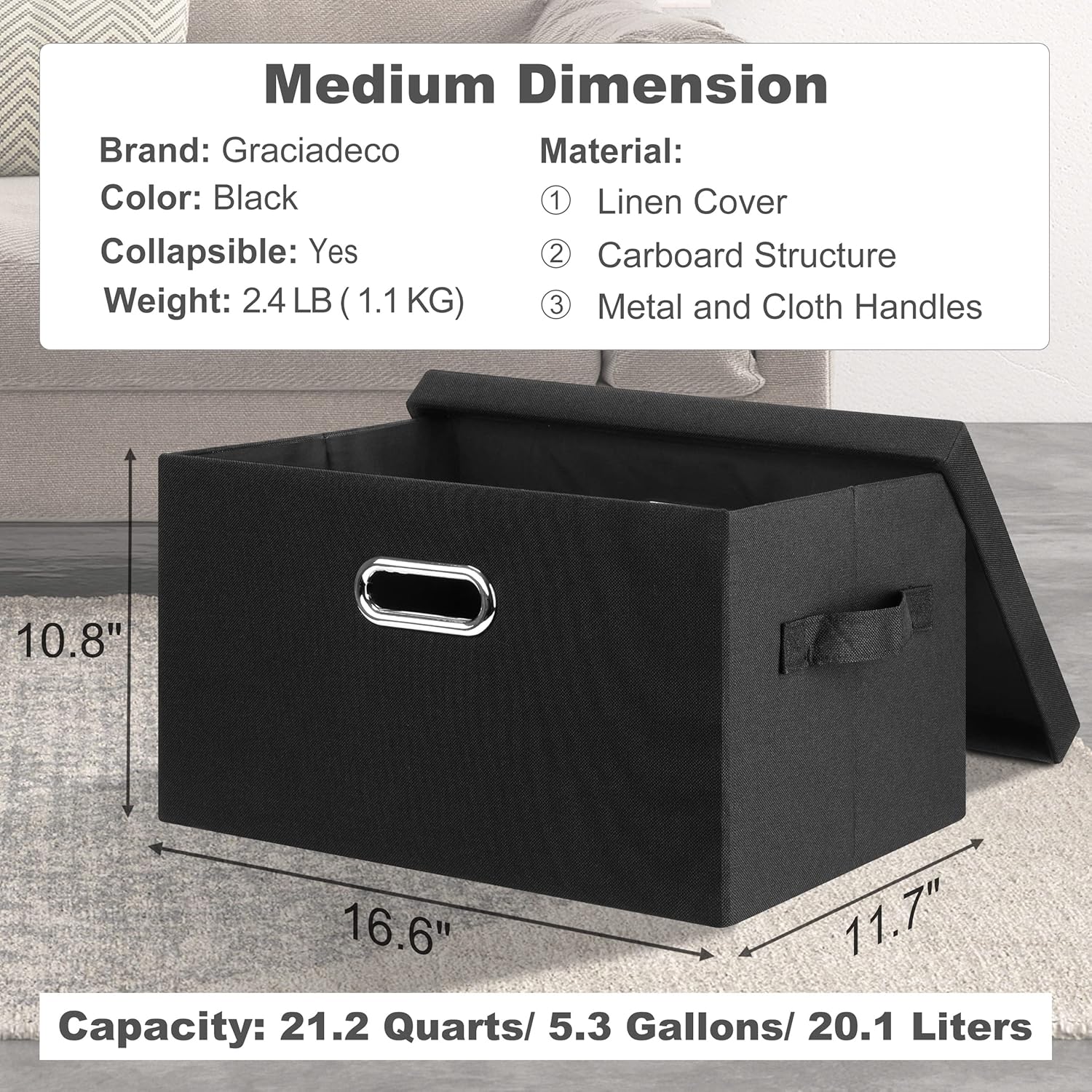 Medium 15" 21 Quart Collapsible Stackable Storage Bins with Lids, 5 Packs Black Foldable Fabric