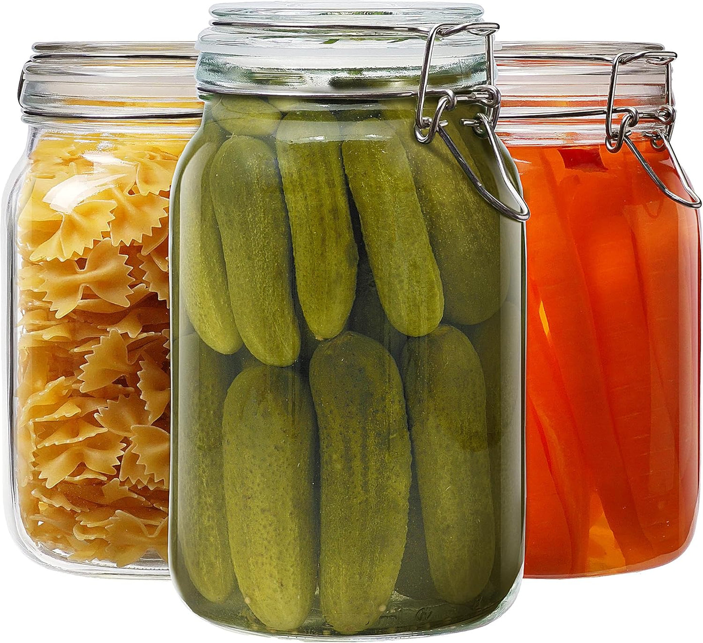 Square Glass Jars with Airtight Lid Set of 3, 50 floz Wide Mouth Mason Jars with Clamp Lids,Glass