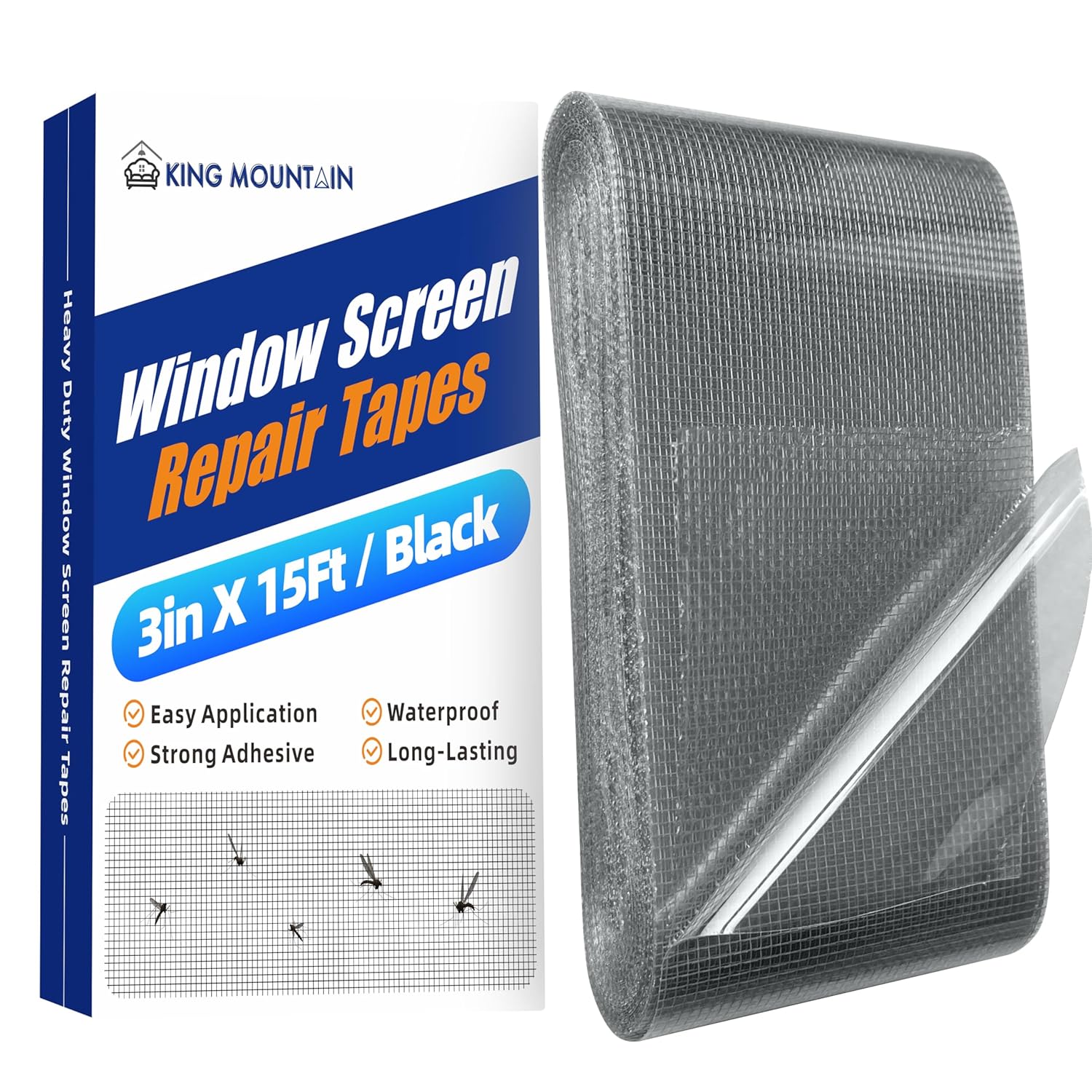KING MOUNTAIN Black Window Screen Repair Tape,3inX15FT Heavy Duty Screen Repair Kit for Window
