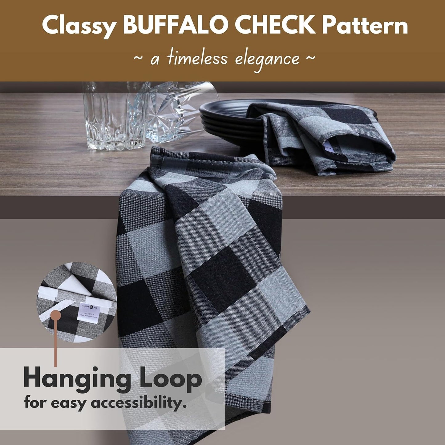 Native Fab 12 Pack Buffalo Check Kitchen Dish Towels, Cotton, Durable, Washable 16"x26" - Tea