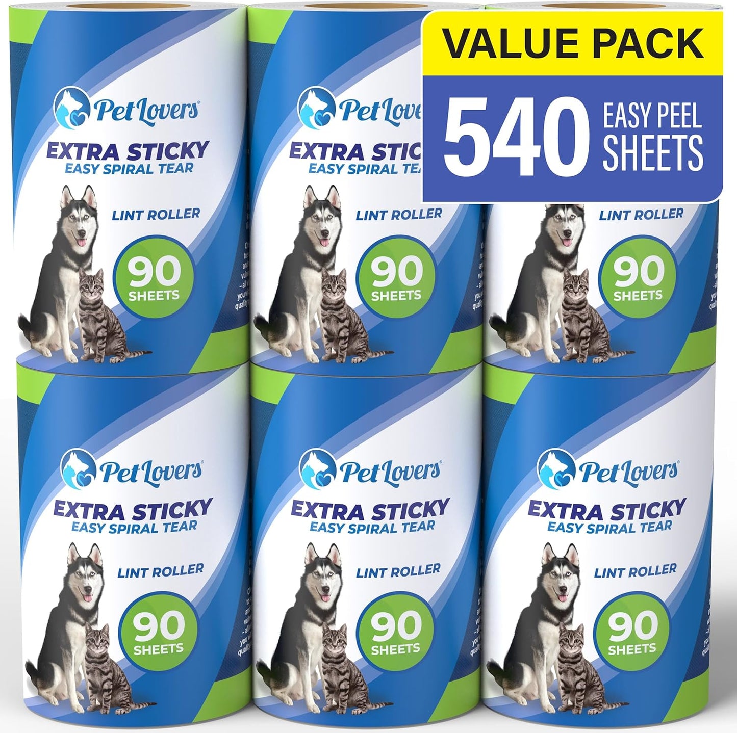 PetLovers Extra Sticky Lint Roller 6 Pack of Refills Only - No Handle Included - 90 Sheets Per