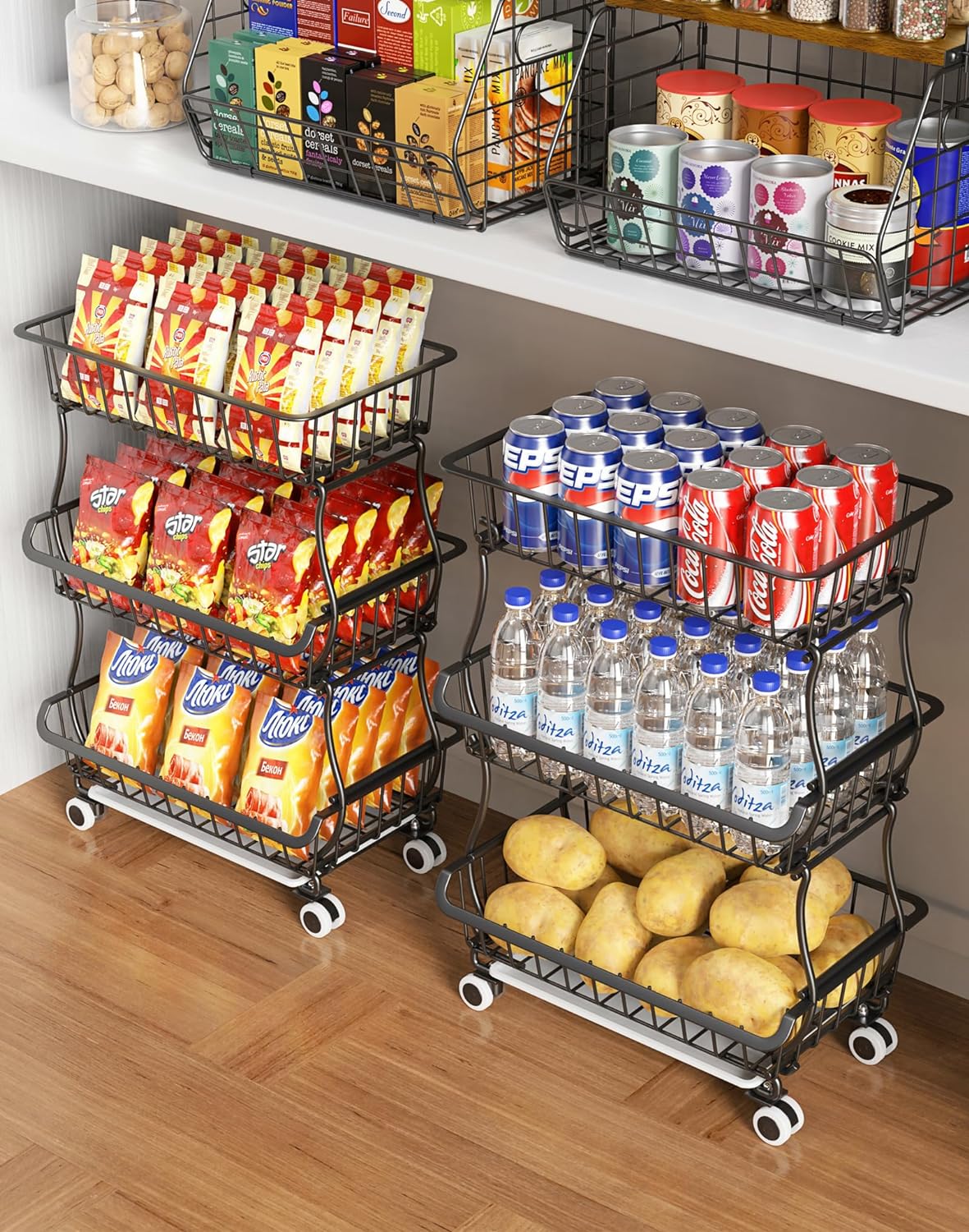 3-Tier Rolling Pantry Floor Organizer and Storage Cart with Wheels, Stackable Wire Pantry Baskets