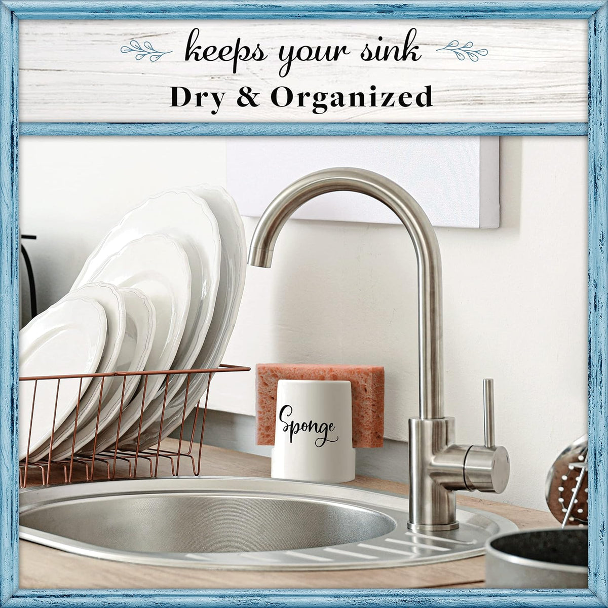 Home Acre Designs Sponge Holder for Kitchen Sink - Rustic Farmhouse Home & Kitchen Decor - White