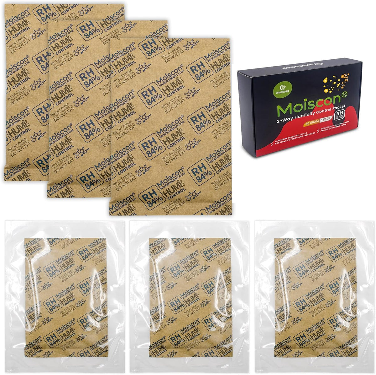 85% Two-Way Humidity Control Packs, 60 Gram 5 Pack for Storing 1 lb, Size 60 Seasoning Packets