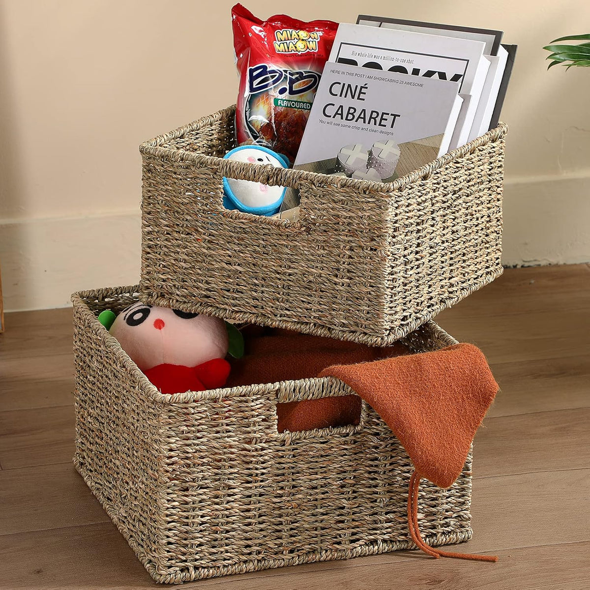HOONEX Wicker Storage Baskets for Organizing, Decorative Woven Seagrass Baskets for Storage with