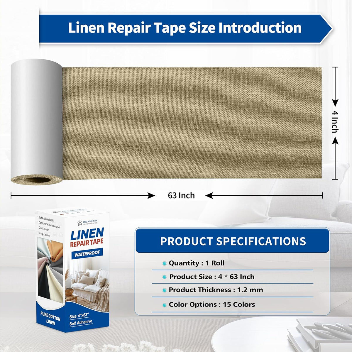 KING MOUNTAIN Linen Repair Patches, Self-Adhesive Fabric Patches, 4 X 63 inch Extra Size, Multi