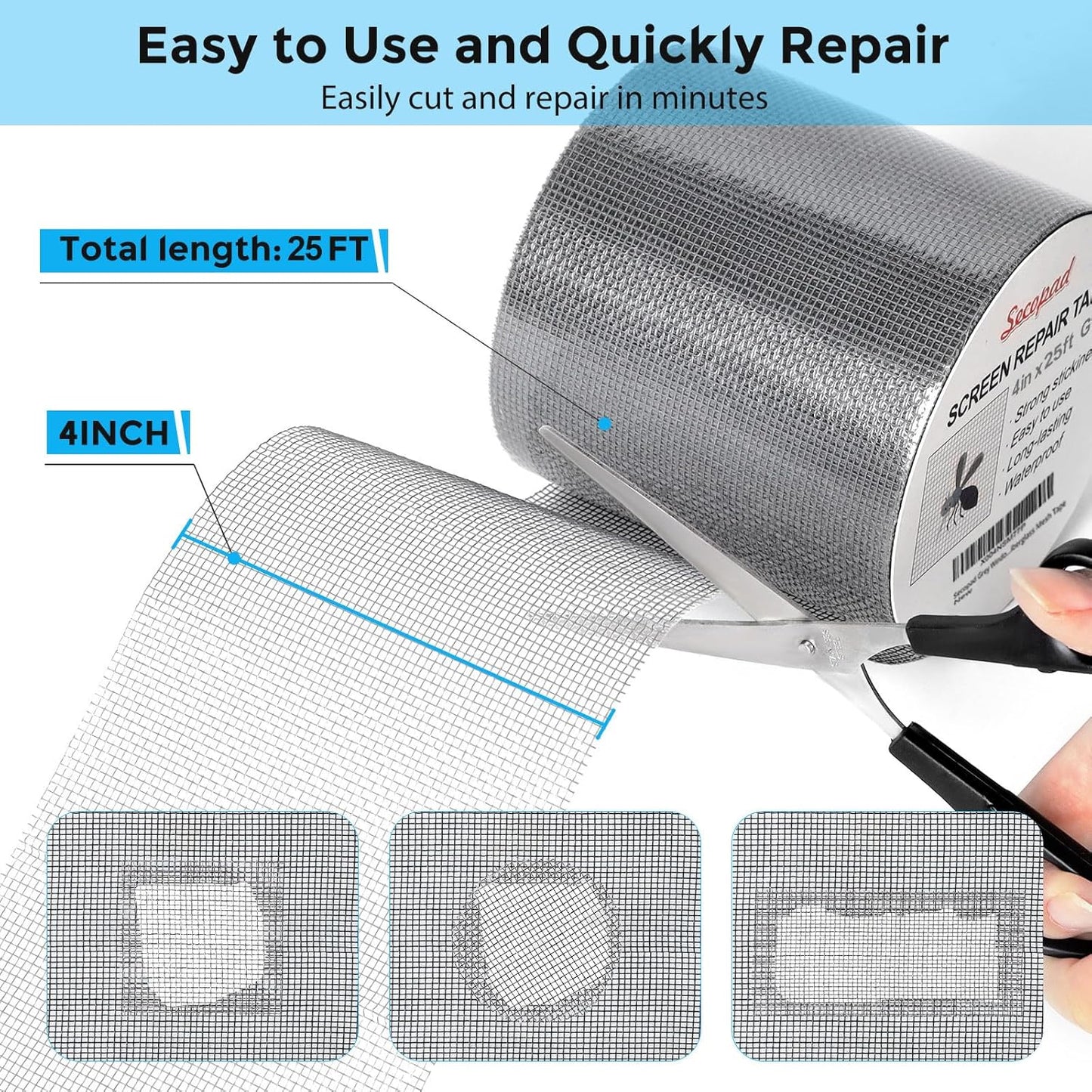 Grey Window Screen Repair Tape, 4IN X 25FT (300IN) Screen Repair Kit for Windows or Doors, Strong