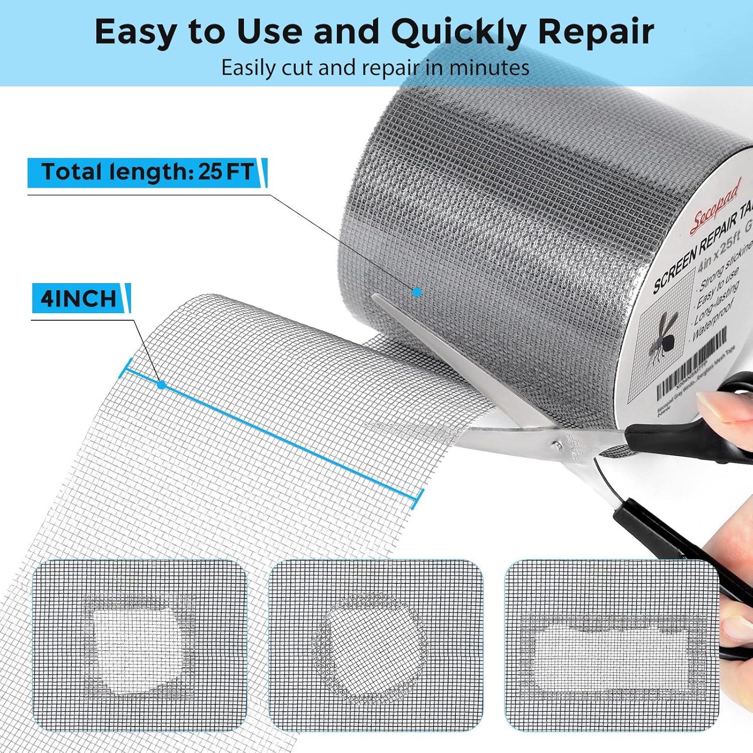 Grey Window Screen Repair Tape, 4IN X 25FT (300IN) Screen Repair Kit for Windows or Doors, Strong
