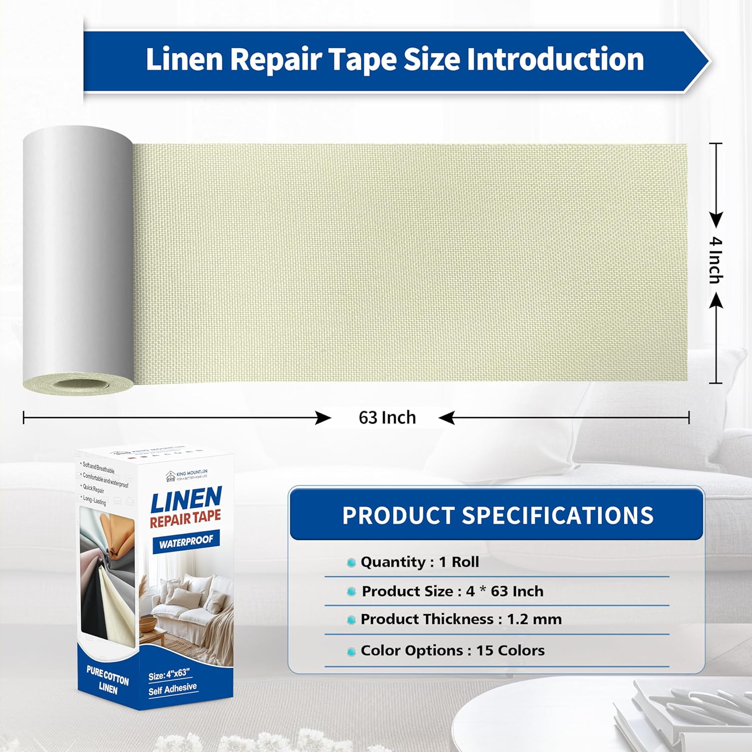 KING MOUNTAIN Linen Repair Patches, Self-Adhesive Fabric Patches, 4 X 63 inch Extra Size, Multi