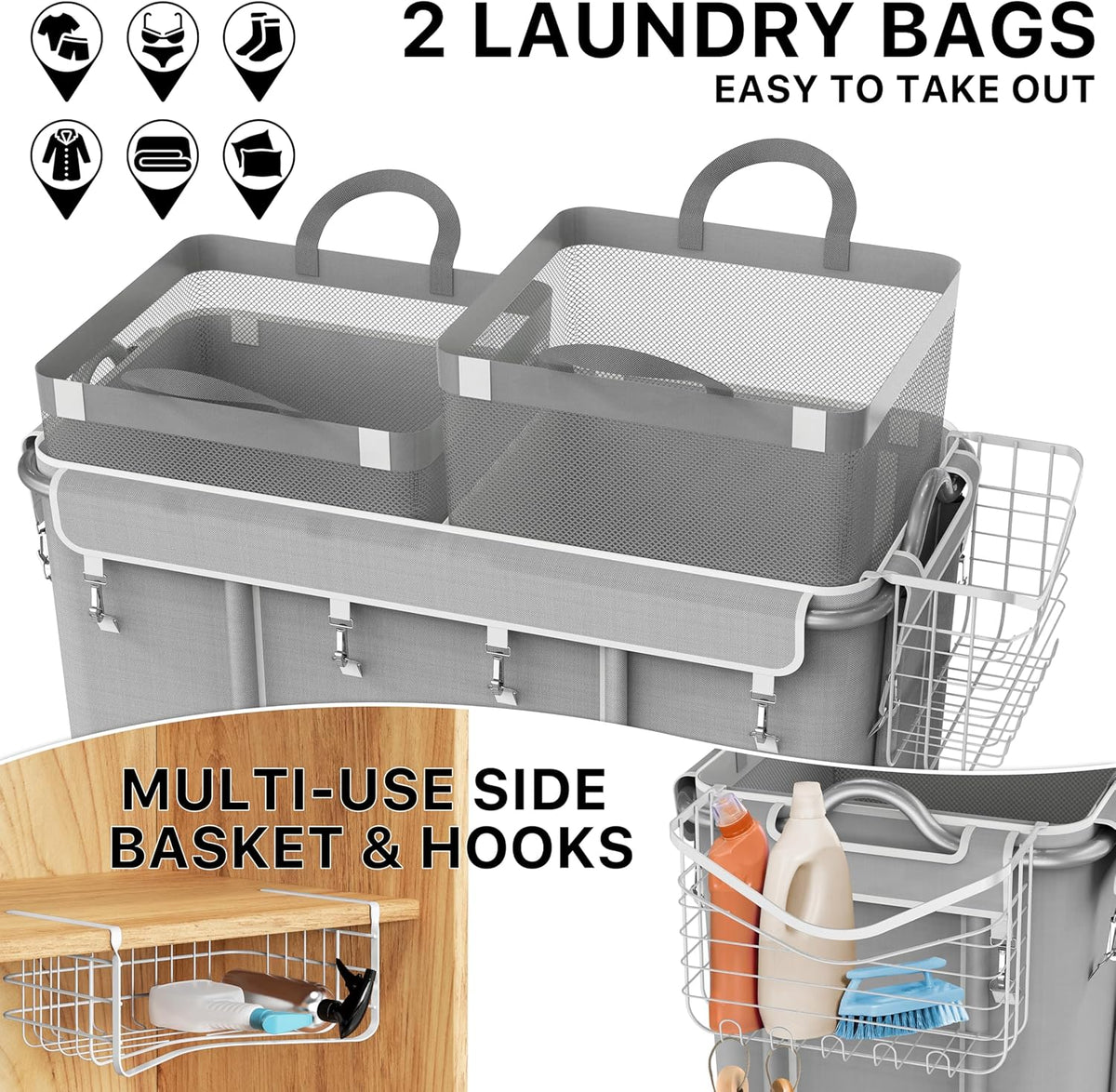 Simple Houseware Extra Large Rolling Laundry Cart – Heavy Duty Hamper with 2 Removable Bags & 6