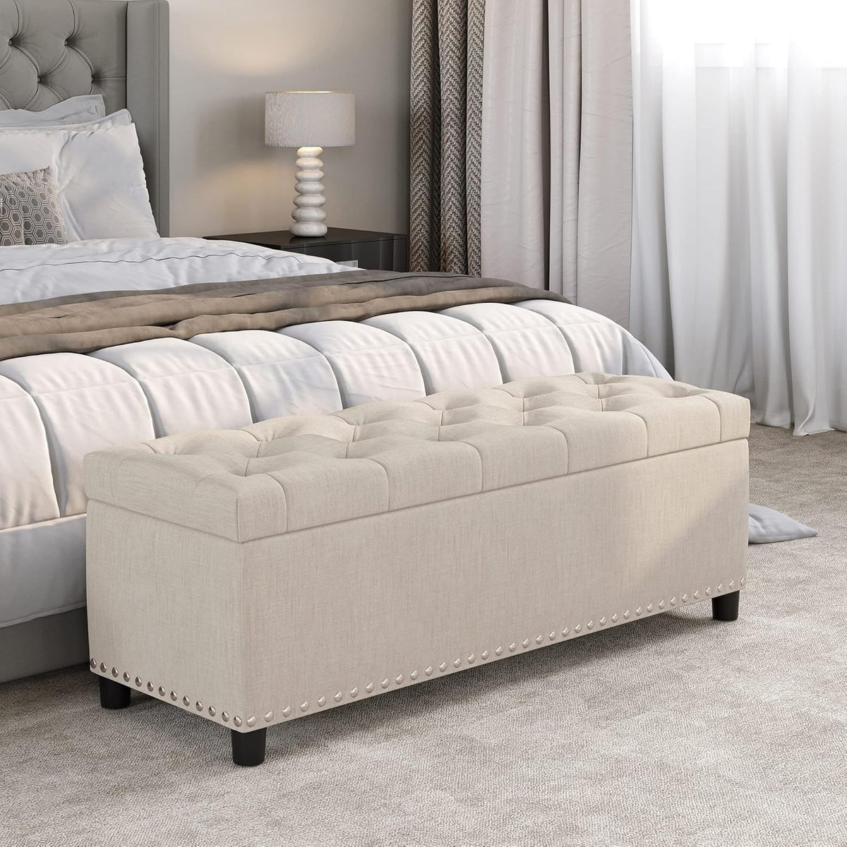 BELLEZE 47" Storage Ottoman, Storage Bench with Safety Close Hinge, Linen Button-Tufted Ottoman for