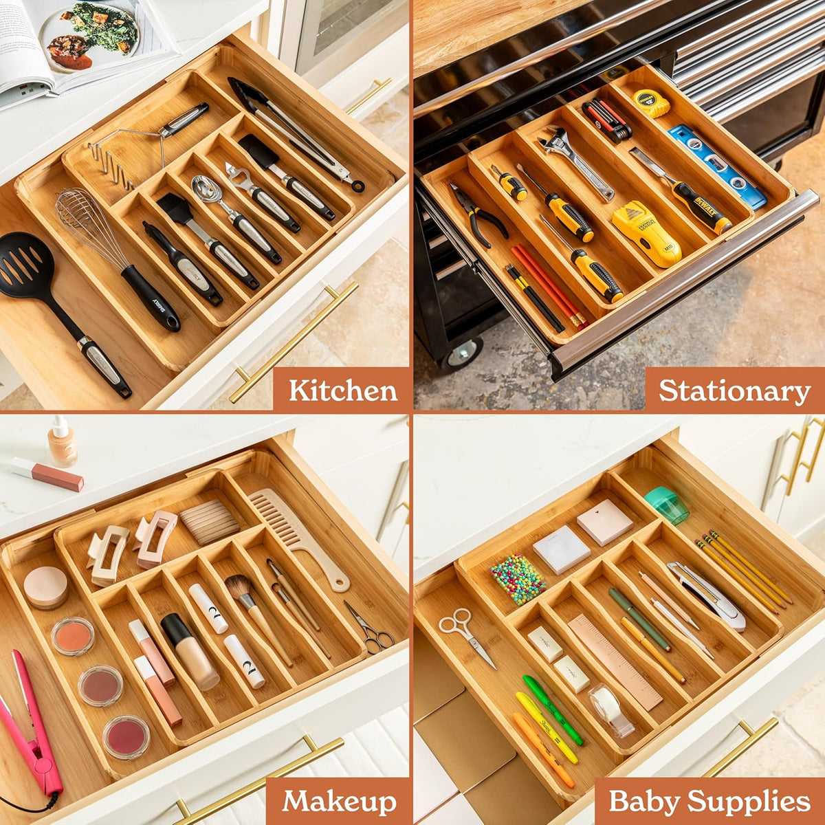 SMIRLY Silverware Drawer Organizer – Bamboo Kitchen Drawer Organizer, Adjustable Utensil Holder and