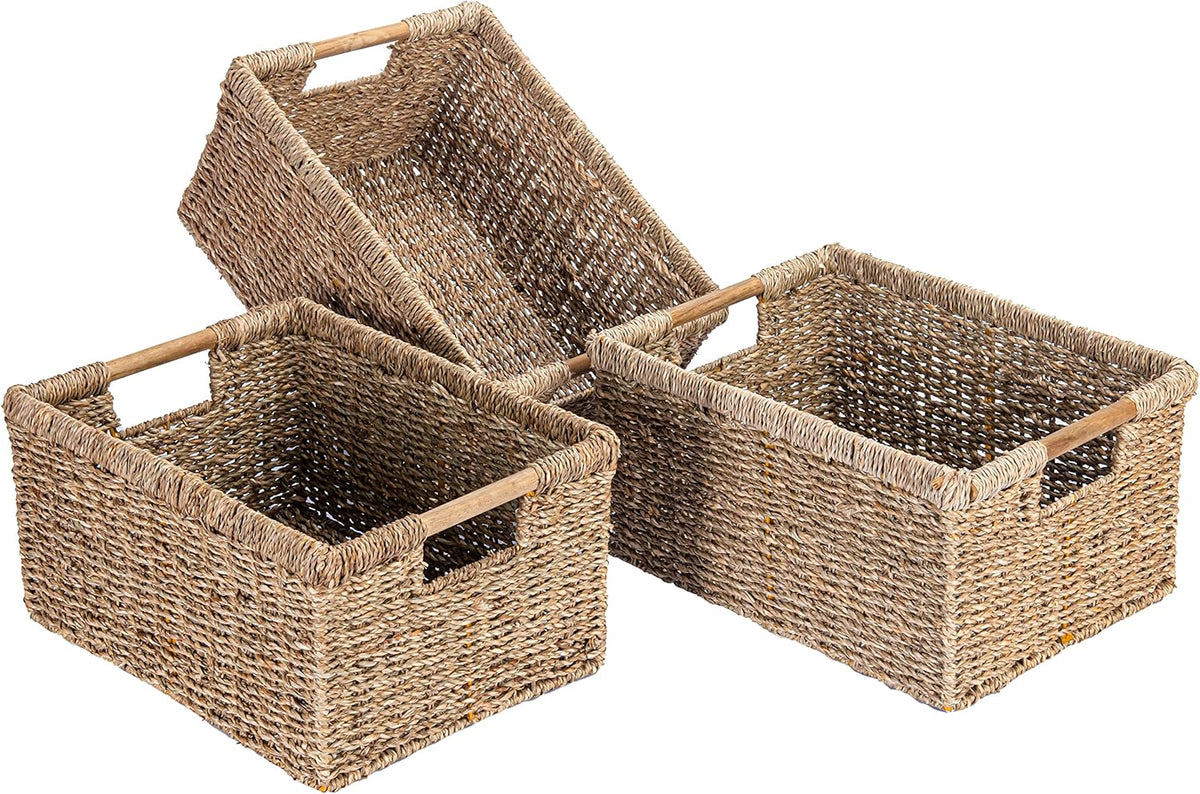 Large Wicker Basket Rectangular with Wooden Handles for Shelves, Seagrass Basket Storage, Natural