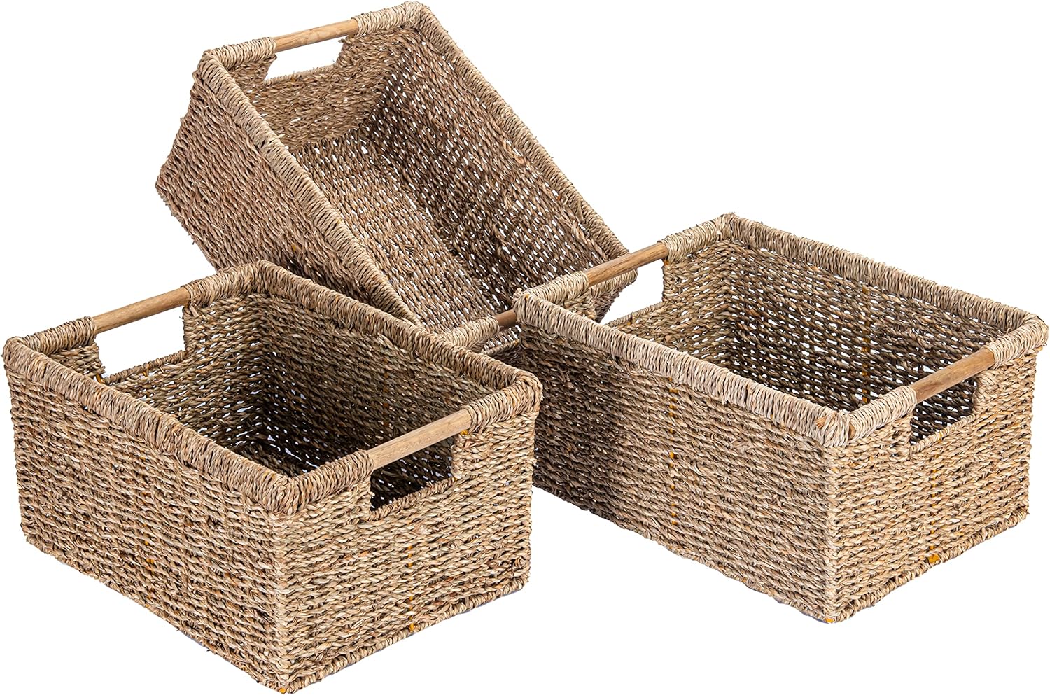 Large Wicker Basket Rectangular with Wooden Handles for Shelves, Seagrass Basket Storage, Natural