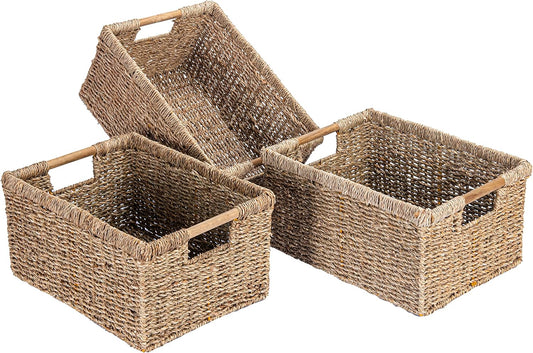 Large Wicker Basket Rectangular with Wooden Handles for Shelves, Seagrass Basket Storage, Natural
