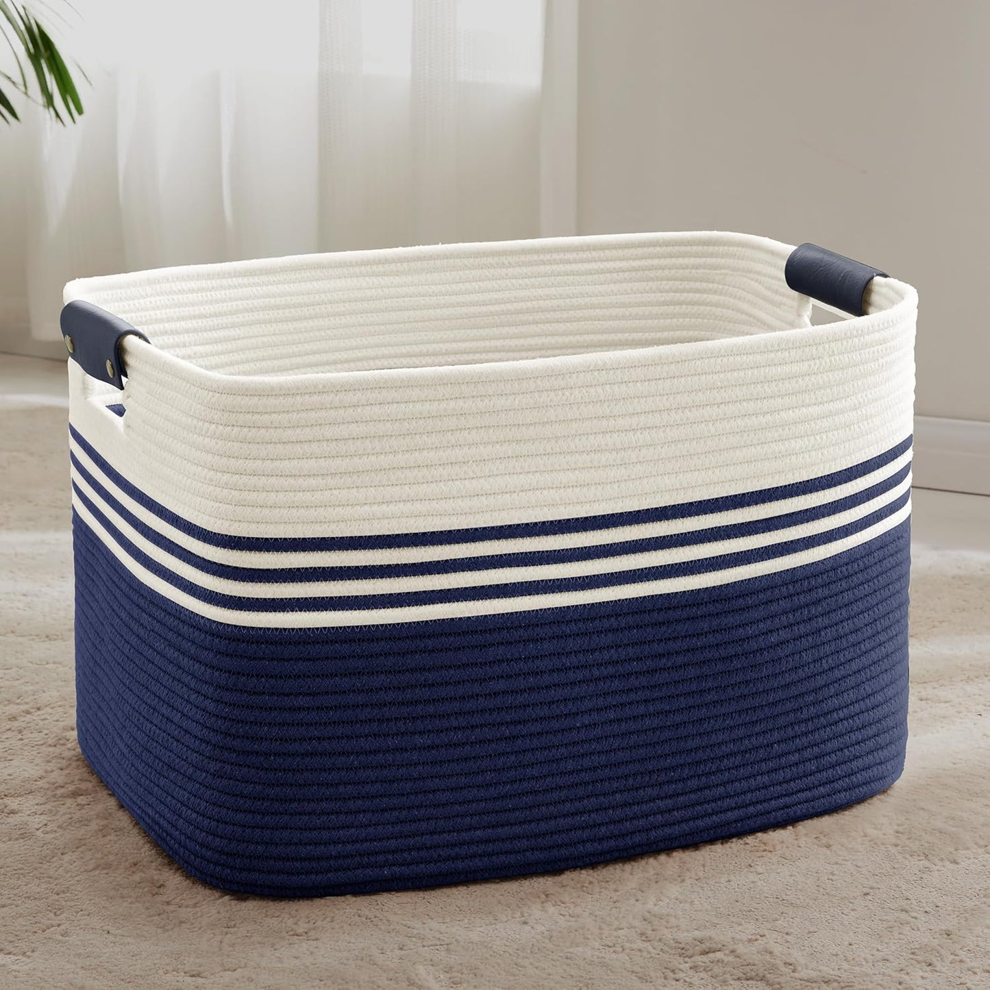 86L Extra Large Laundry Basket with Leather Handles for Living Room Storage, Woven Rope Baskets for