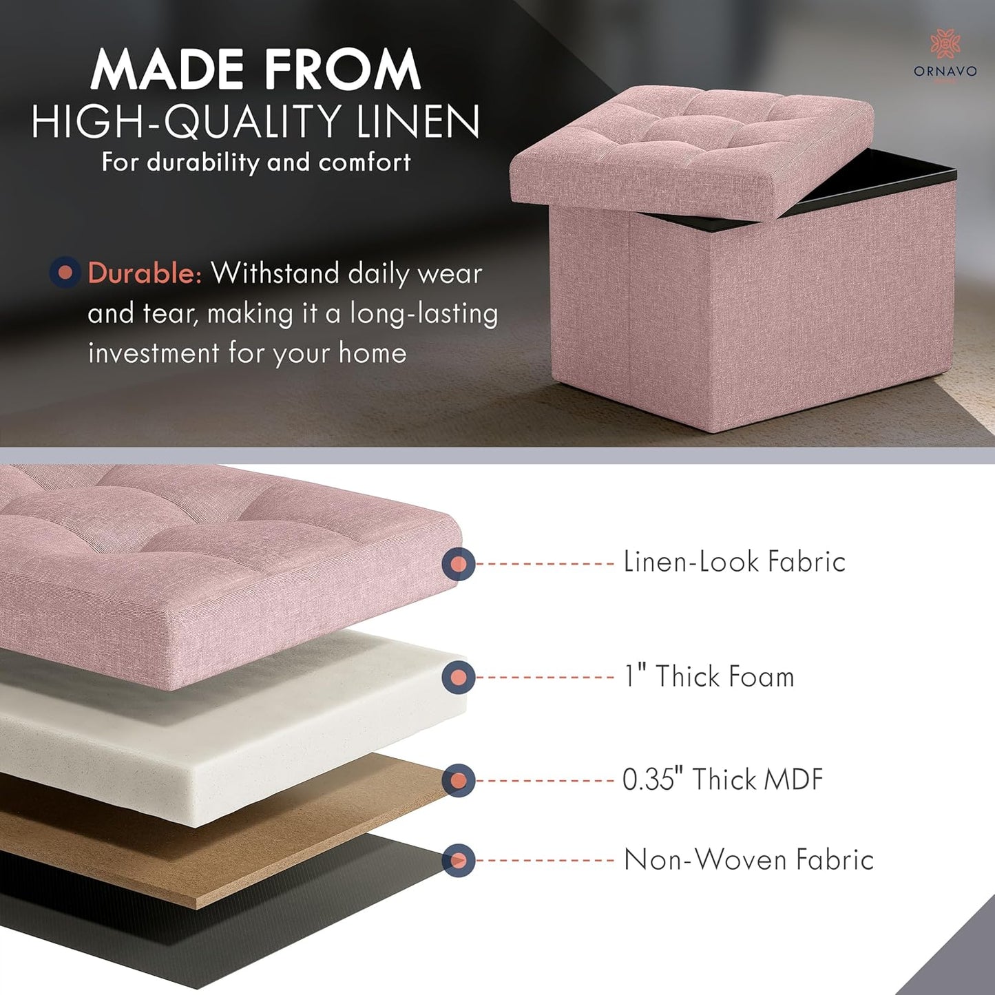 Ornavo Home Small Storage Ottoman Foldable Collapsible Rectangle Linen Ottoman Foot Rest Stool