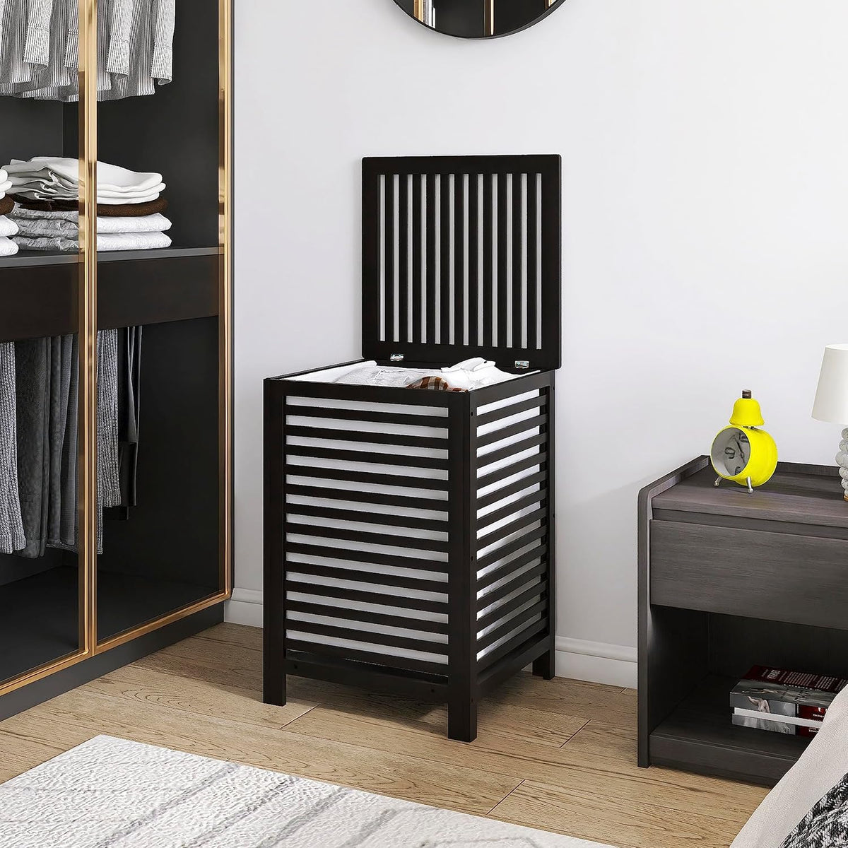 SMIBUY Double Laundry Hamper with Lid, 120L Bamboo Laundry Basket with Removable Liner Bag