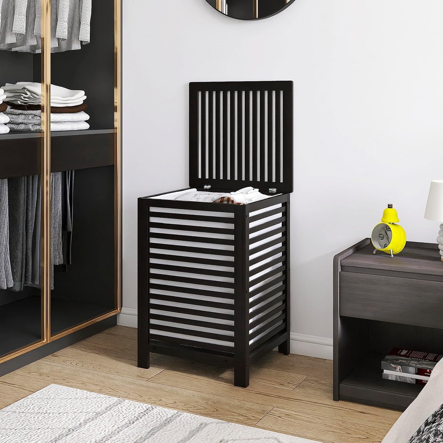 SMIBUY Double Laundry Hamper with Lid, 120L Bamboo Laundry Basket with Removable Liner Bag