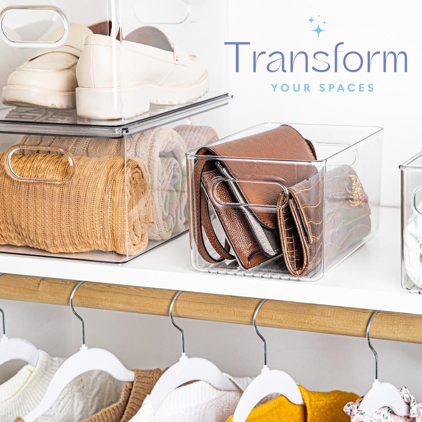 Plastic Food Storage 6 Pack Clear Container Bin with Handles for Organizing Kitchen, Pantry