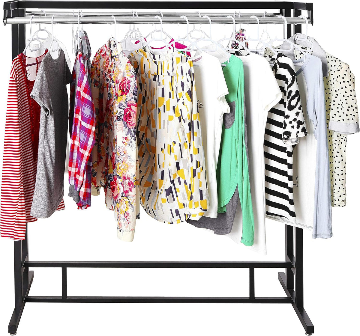 MyGift Black Stainless Steel Freestanding Garment Rack, Heavy Duty Double Rod Clothes Rack Clothing