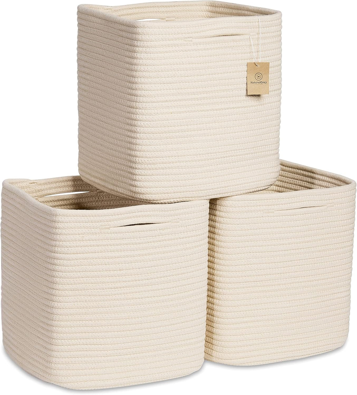 NaturalCozy Storage Cubes 11 Inch Cotton Rope Woven Baskets for Organizing, 3-Pack | Cube Storage